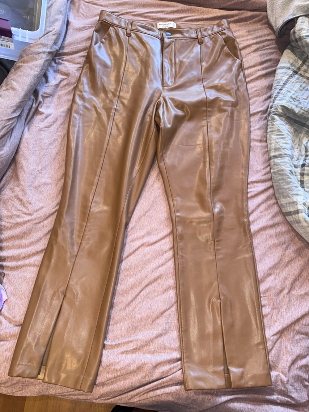 A&F Faux Leather Split-Hem Pants in Camel